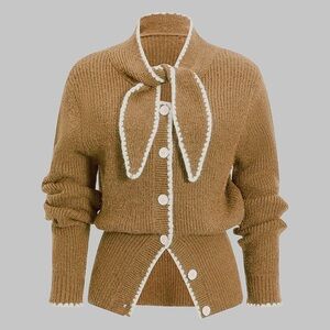 Women’s Camel Knit Cardigan with Contrast Trim